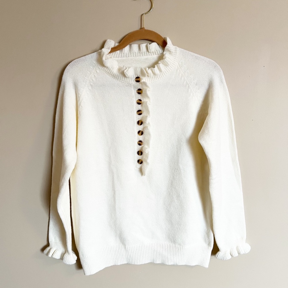 Women's Round Neck Button Down Knit Ribbed Sweater with Ruffles Size Small - Picture 10 of 10